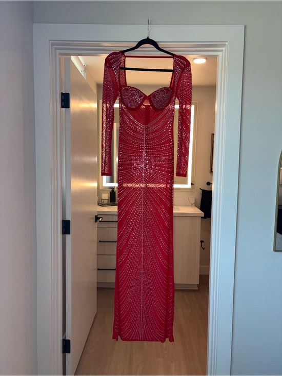 Macy's Dresses & Skirts - Macy's Red Long Sleeve Sequin Mesh Gown with Sculpted Bust